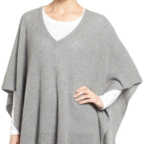 Halogen Cashmere Poncho Ribbed V Neck All Season Super Soft Gray One Size - Picture 1 of 7